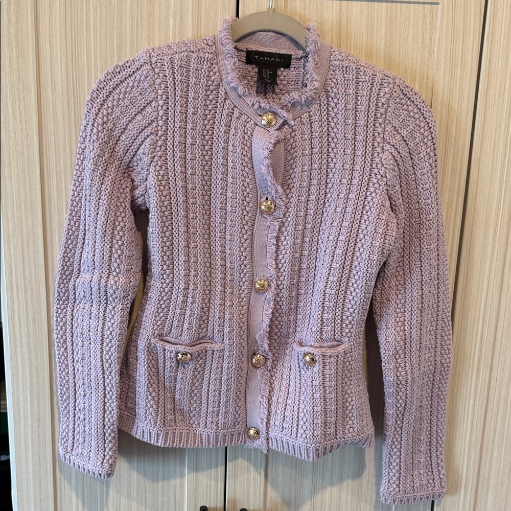 Tahari Lavender Crochet-Style Button Cardigan size XS